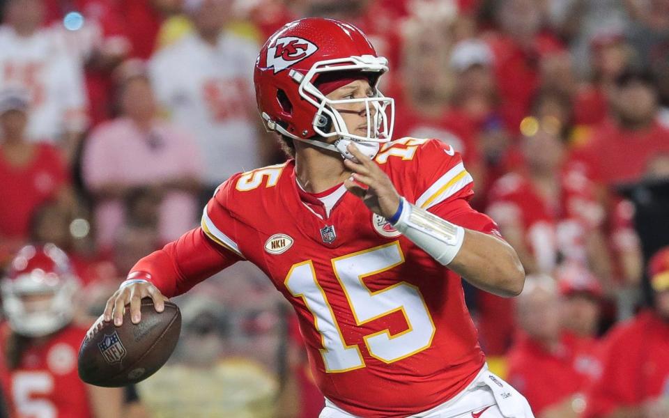 Kansas City Chiefs quarterback Patrick Mahomes (15) looks to pass against <a class="link " href="https://sports.yahoo.com/nfl/teams/detroit/" data-i13n="sec:content-canvas;subsec:anchor_text;elm:context_link" data-ylk="slk:Detroit Lions;sec:content-canvas;subsec:anchor_text;elm:context_link;itc:0">Detroit Lions</a> during the first half at Arrowhead Stadium in Kansas City, Mo. on Thursday, Sept. 7, 2023.