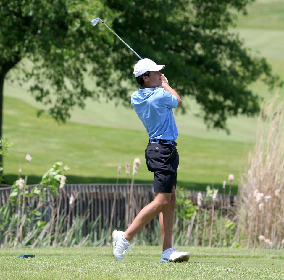 Union-Endicott's Dante Bertoni watches his drive on the 15th hole during the New York State Public High School Athletic Association Boys Golf Championships at Elmira's Mark Twain Golf Course on June 6, 2022.