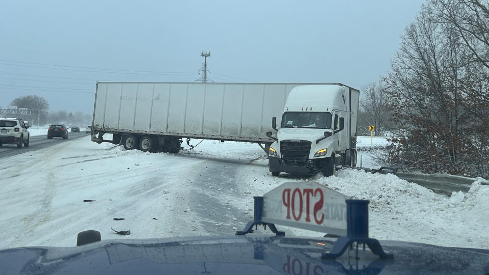 A jackknifed semi-truck on westbound I-96 at 28th Street in Cascade Township on Jan. 16, 2024. (Courtesy Michigan State Police)