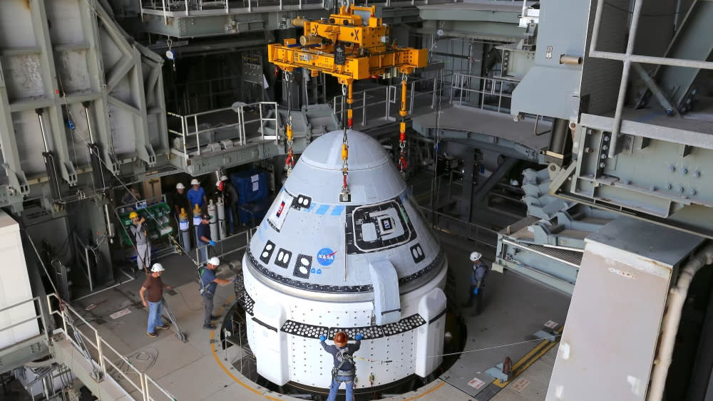  A Boeing Starliner is stacked atop its Atlas V rocket ahead of its first astronaut flight for NASA at Cape Canaveral Space Force Station in Florida. 