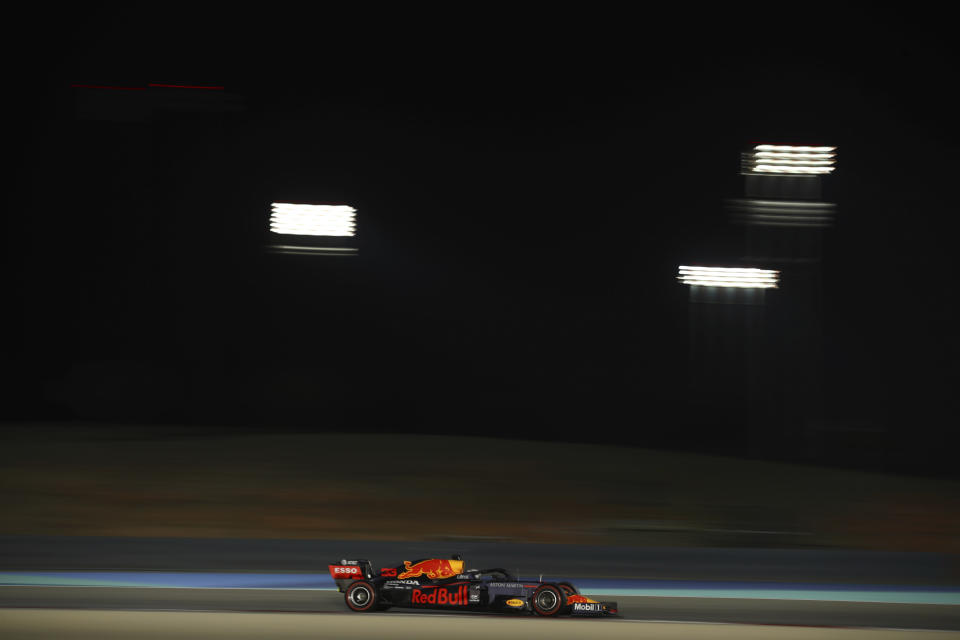 Red Bull driver Max Verstappen of the Netherlands steers his car during the second free practice at the Formula One Bahrain International Circuit in Sakhir, Bahrain, Friday, Nov. 27, 2020. (Brynn Lennon, Pool via AP)