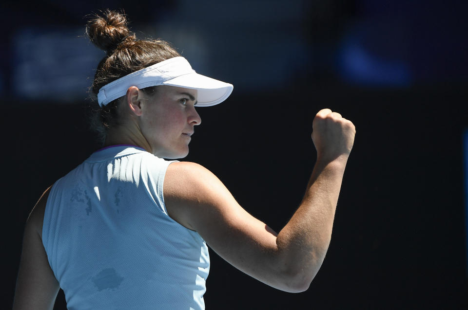 United States' Jennifer Brady reacts during her fourth round match against Croatia's Donna Vekic at the Australian Open tennis championship in Melbourne, Australia, Monday, Feb. 15, 2021.(AP Photo/Andy Brownbill)