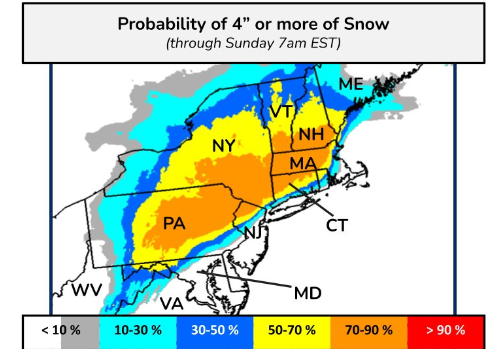 The National Weather Service is tracking a storm that could bring snow to much of the East Coast this weekend. Communities in the Seacoast, Strafford County and southern Maine have a high probability of receiving at least four inches of snow from the system, which will last late Saturday throughout Sunday.