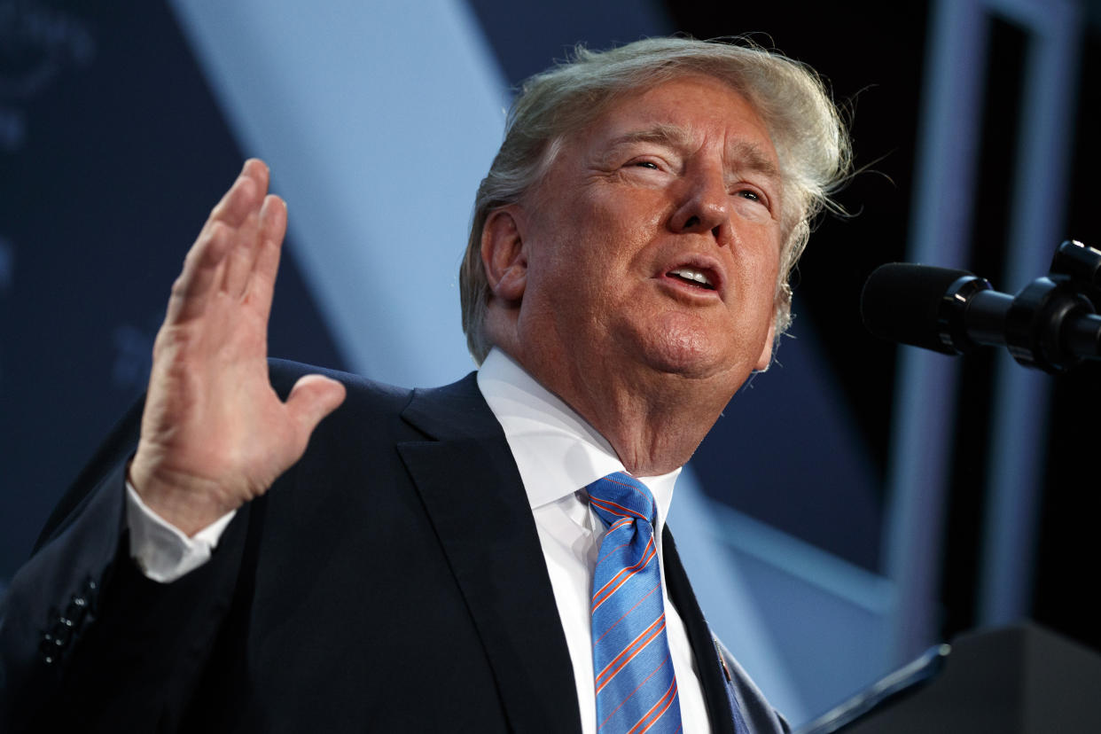 President Trump speaks at the National Federation of Independent Businesses 75th anniversary celebration in Washington, D.C., on Tuesday. (AP Photo/Evan Vucci)