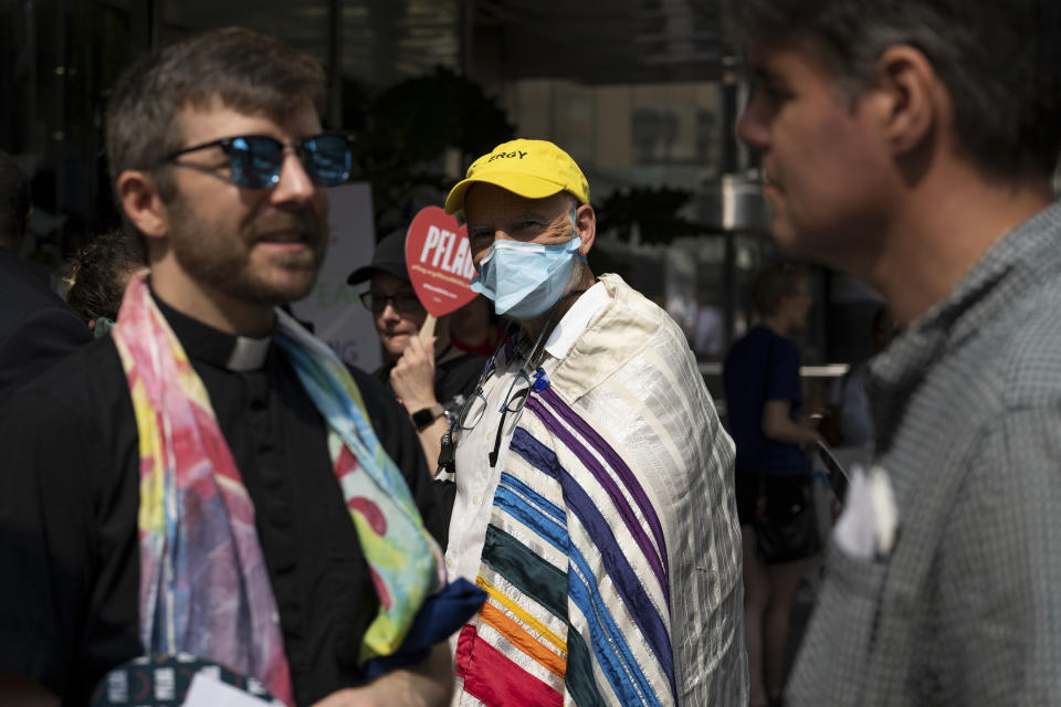 Demonstrators gather outside the Moms for Liberty meeting in Philadelphia, Friday, June 30, 2023. (AP Photo/Joe Lamberti)