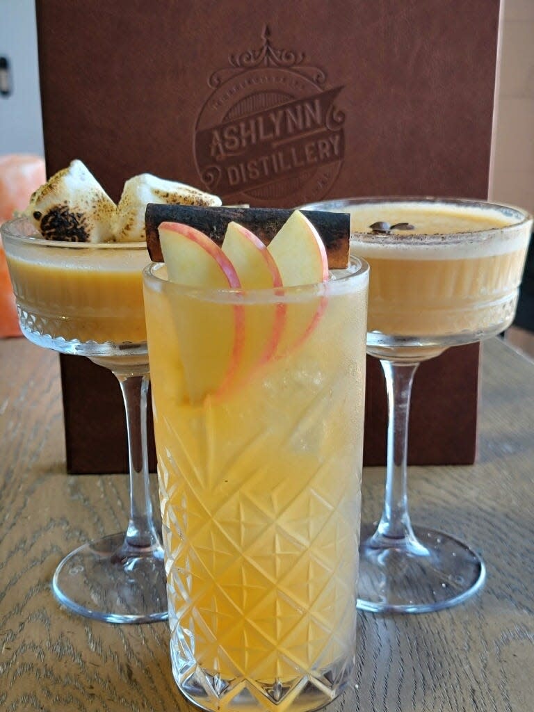 Ashlynn Distillery has an Autumn Libations menu, which includes fall-themed cocktails such as the Pumpkin Pie Martini, back left, Pumpkin Spiced Latte Martini, back right, and the Cinnamon Apple Dream.