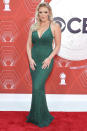 <p>Hurder, who currently appears in <em>Moulin Rouge</em>, wears a sequined green gown on the red carpet. </p>