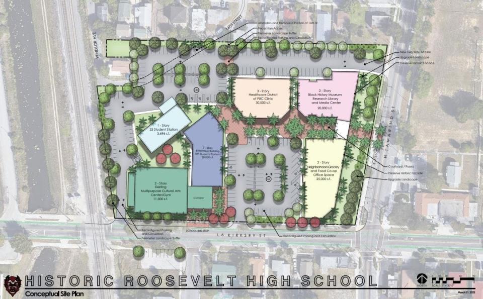 The proposed plans for historic Roosevelt High School include preserving the schools front facade and the gym, while adding a health clinic, neighborhood grocery and a Black history museum. The projects may be put on hold due to budget uncertainty.