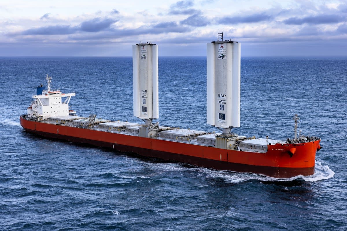 The wind-powered Pyxis Ocean cargo ship sailing in the English Channel in March 2024 (Cargill)