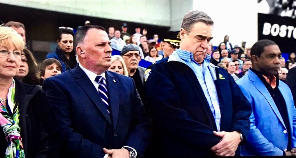 Fall River private detective Billy Silvia Jr., left, portrays a bodyguard for Boston Police Commissioner Ed Davis, played by actor John Goodman, in the film "Patriots Day."