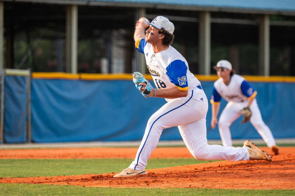 Martin County pitcher Cody Bennin (18) delivers the ball against Cardinal Newman in a high school baseball game at Martin County Tuesday, April 2, 2024.