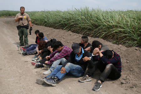 A border patrol agent apprehends immigrants who illegally crossed the border from Mexico into the U.S. in the Rio Grande Valley sector, near McAllen, Texas, U.S., April 3, 2018. REUTERS/Loren Elliott