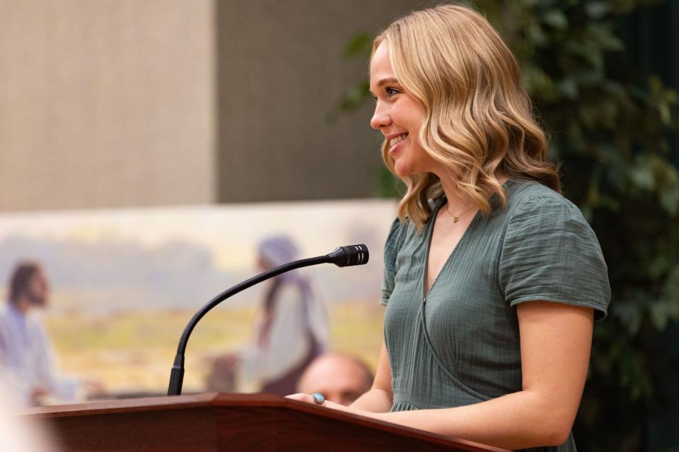 Grace Miller, a Utah Valley University student, speaks at a media briefing at a chapel across from the Orem Utah Temple in Orem on Monday, Oct. 23, 2023. | Megan Nielsen, Deseret News