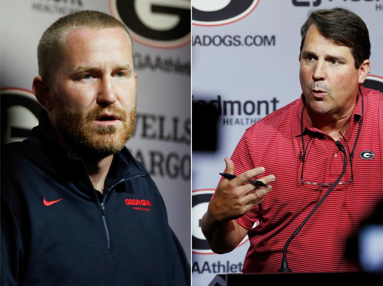 Georgia co-defensive coordinators Glenn Schumann and Will Muschamp speak to the media before UGA footballÕs first practice in full pads in Athens, Ga., on Tuesday, Aug. 9, 2022.