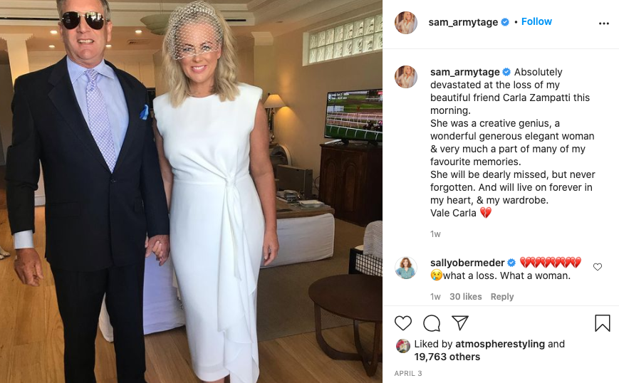 Sam Armytage paid tribute to late design Carla Zampatti on Instagram. Photo: Instagram/sam_armytage.