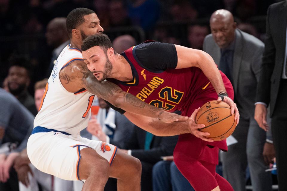 Knicks forward Marcus Morris Sr. guards Cavaliers forward Larry Nance Jr. during the first half, Sunday, Nov. 10, 2019, at Madison Square Garden in New York.