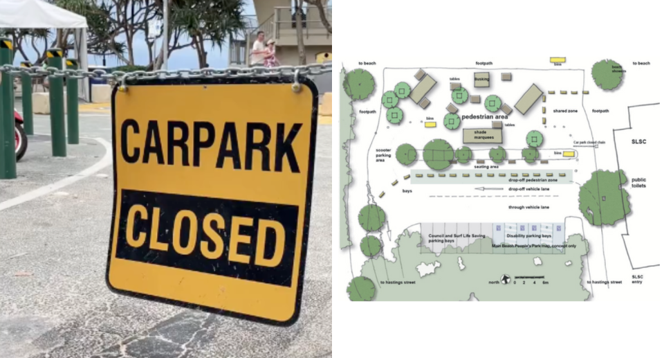 Left image shows the 'carpark closed' sign in the area. Right image shows a map of the Main Beach People's Park from the council.