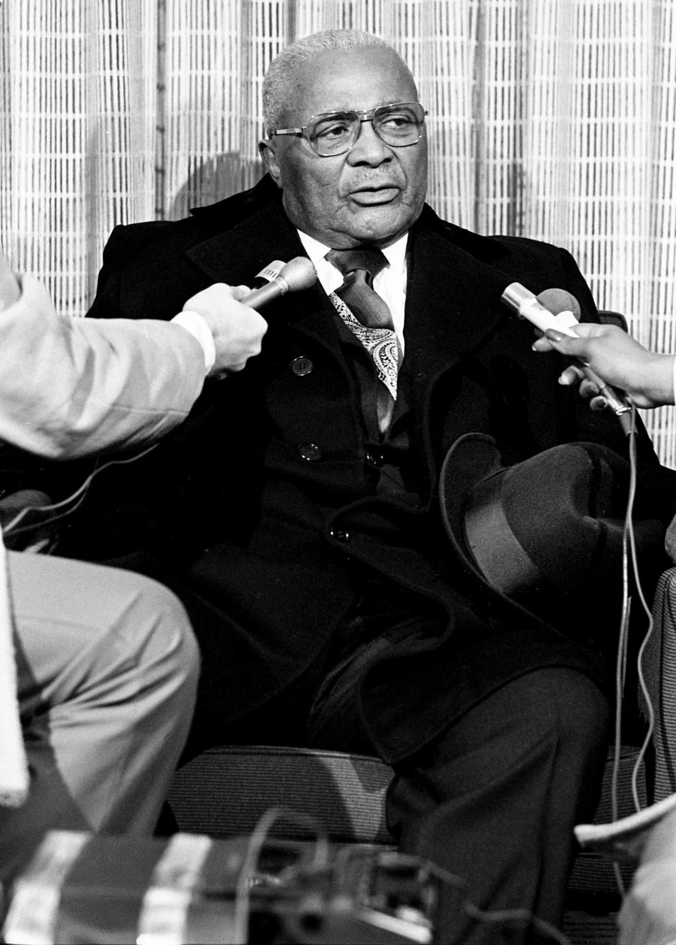 Dr. Martin Luther King Sr., the father of the late Dr. Martin Luther King Jr., speaks during a news conference March 9, 1975, at Nashville Municipal Airport. King was in town to speak at the Payne Chapel A.M.E. Church.