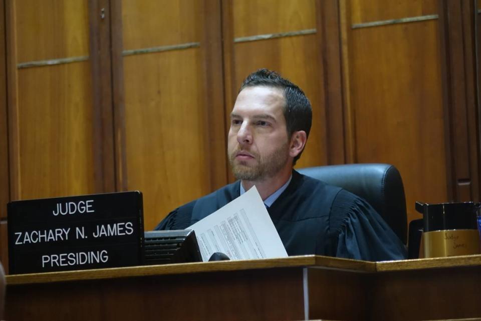 Miami-Dade Circuit Judge Zachary James listens to attorneys on Oct. 31, 2022. He is presiding over the case of Javier Lopez, who is accused of beating up a Republican canvasser in Hialeah.