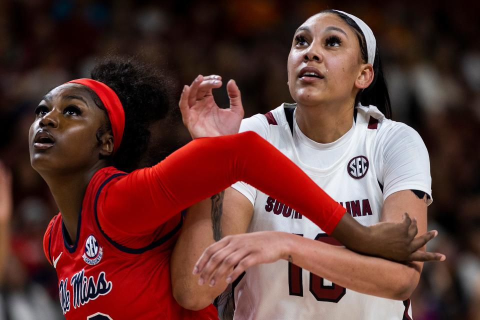 South Carolina's Kamilla Cardoso, right, averages 9.7 points, 8.6 rebounds and 1.9 blocks in just 18 minutes per game.