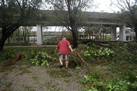 Thomas Sanz clears a fallen branch as Hurricane Irma passes Miami, Florida, U.S. September 10, 2017. REUTERS/Stephen Yang