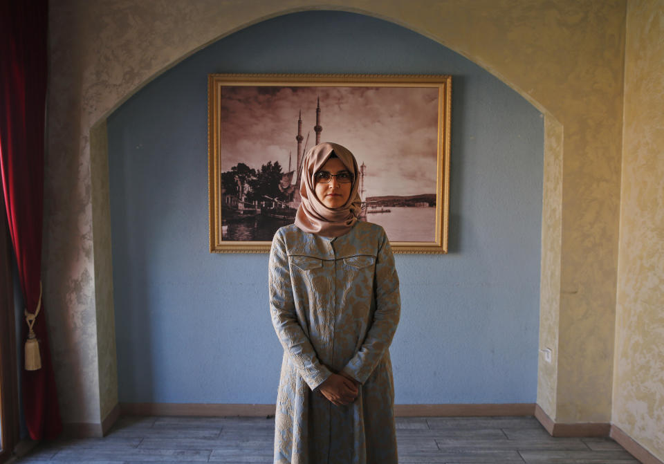 Hatice Cengiz, the fiancee of slain Saudi journalist Jamal Kashoggi poses for The Associated Press, following an interview in Istanbul, Tuesday, Oct. 1, 2019. Speaking on the eve of the anniversary of his death, Cengiz said she feels apprehensive about returning to the site where he was killed for a commemorative ceremony but takes strength from the fact that she will not be alone. Cengiz said: "Last year, I waited for Jamal alone. This year the whole world will be waiting with me for Jamal, and for justice for Jamal''. (AP Photo/Lefteris Pitarakis)