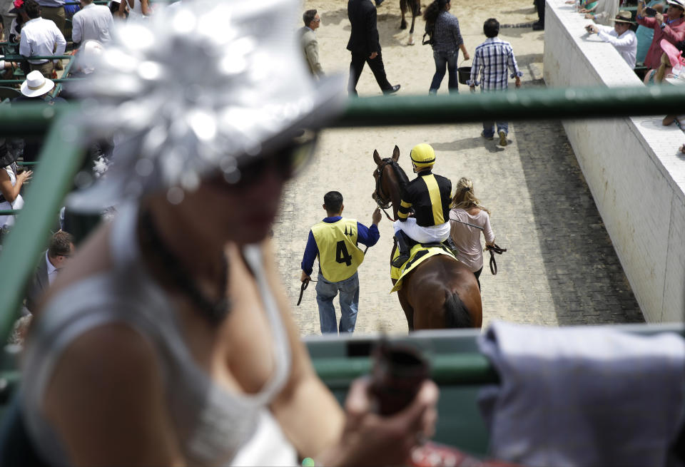 A race horse is lead out to the track for a race before the 140th running of the Kentucky Derby horse race at Churchill Downs Saturday, May 3, 2014, in Louisville, Ky. (AP Photo/David Goldman)
