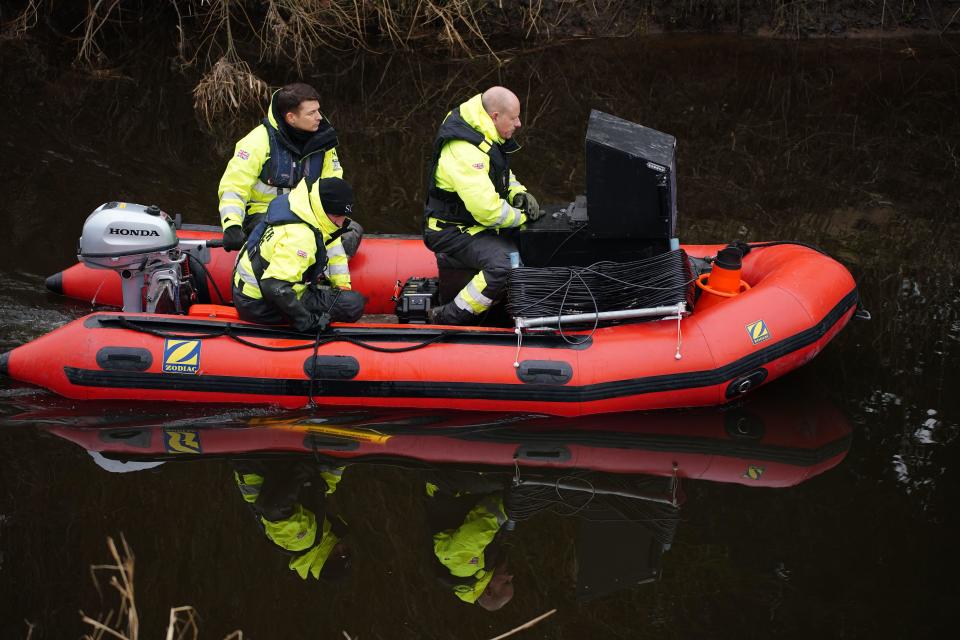 Workers from a private underwater search and recovery company, Specialist Group International, including CEO Peter Faulding (right) in St Michael's on Wyre, Lancashire, use sonar to search for missing woman Nicola Bulley, 45, who was last seen on the morning of Friday January 27, when she was spotted walking her dog on a footpath by the nearby River Wyre. Picture date: Tuesday February 7, 2023.