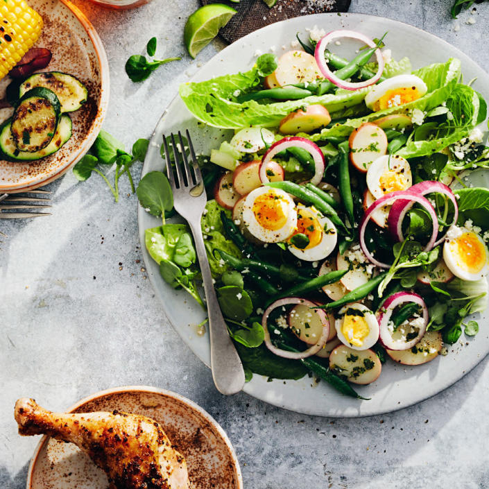 <p>Using potatoes and green beans gives this gorgeous and healthy salad a salade niçoise feel, but you can use whatever suits your fancy. If you steam any of the vegetables, don't overcook them--if they're mushy they'll fall apart when you toss them with the dressing. <a href="https://www.eatingwell.com/recipe/273387/mixed-vegetable-salad-with-lime-dressing/" rel="nofollow noopener" target="_blank" data-ylk="slk:View Recipe" class="link ">View Recipe</a></p>