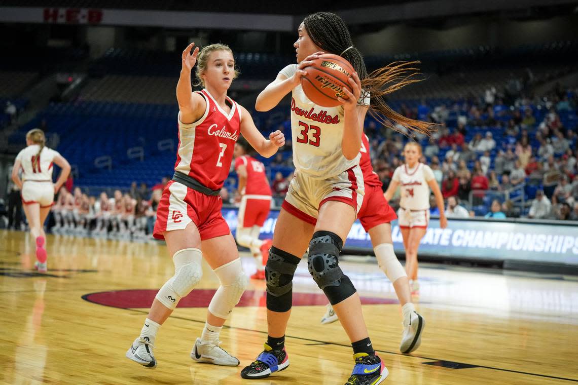 Huntington forward Kyra Anderson pulls down one of her game-high 17 rebounds as the Devilettes downed Columbus 47-33 in a Class 3A state semifinal on Thursday, February 29, 2024 at the Alamodome in San Antonio, Texas. Whitney Magness/University Interscholastic League