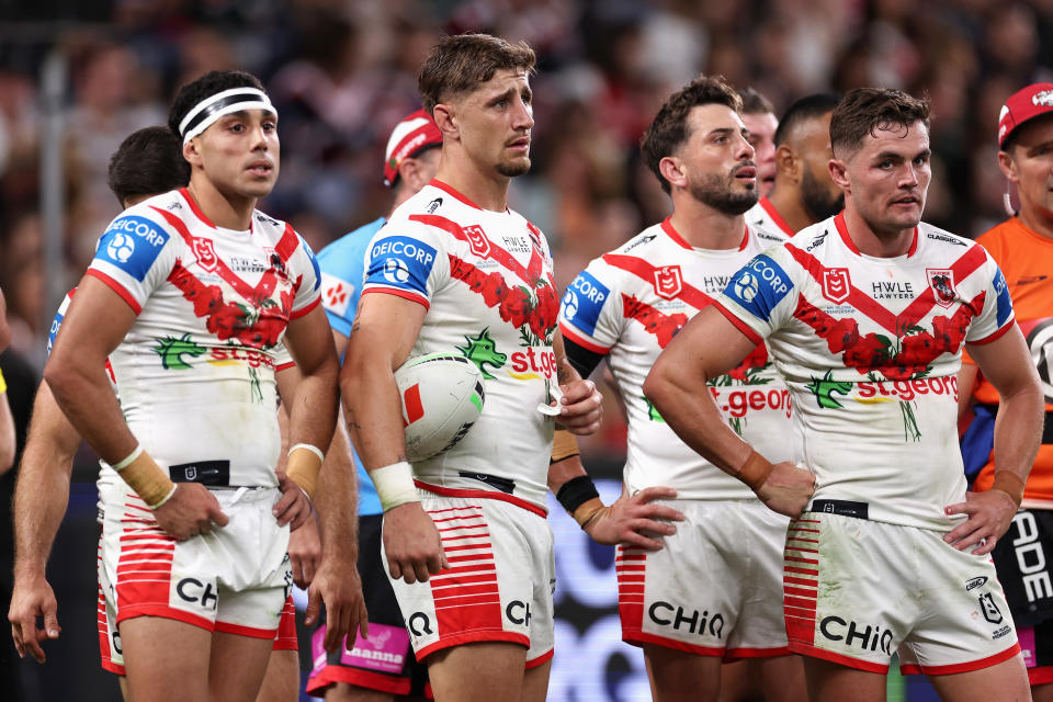 SYDNEY, AUSTRALIA - APRIL 25: Dragons players look dejected during the round eight NRL match between St George Illawarra Dragons and Sydney Roosters at Allianz Stadium, on April 25, 2024, in Sydney, Australia. (Photo by Cameron Spencer/Getty Images)