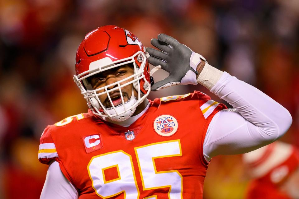 Kansas City Chiefs defensive tackle Chris Jones urges the crowd to make noise during the first half of the NFL AFC Championship playoff football game against the Cincinnati Bengals, Sunday, Jan. 29, 2023, in Kansas City, Mo.