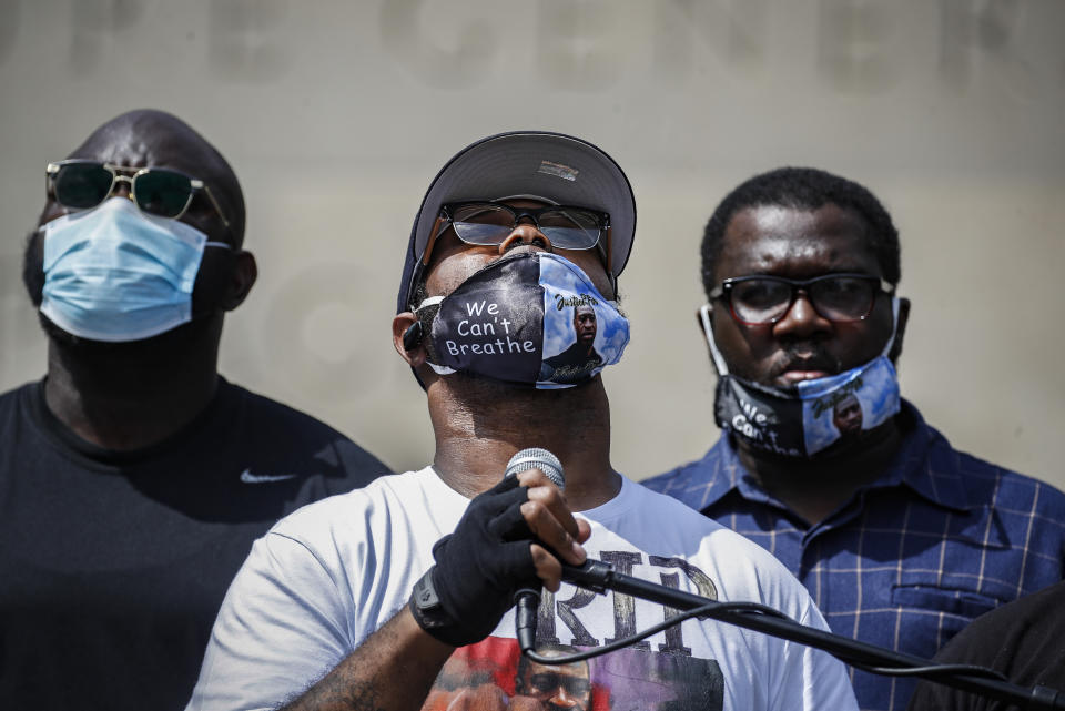 The brother of George Floyd, Terrence Floyd speaks to a crowd during a rally at Cadman Plaza Park, on Thursday, June 4, 2020, in the Brooklyn borough of New York. Floyd, an African American man, died on May 25 after a white Minneapolis police officer pressed a knee into his neck for several minutes even after he stopped moving and pleading for air. (AP Photo/John Minchillo)