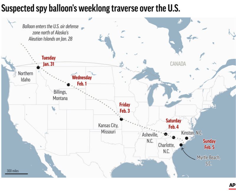 ▲《美聯社》分析疑似間諜氣球途經美國的路徑。（圖／美聯社／達志影像）
