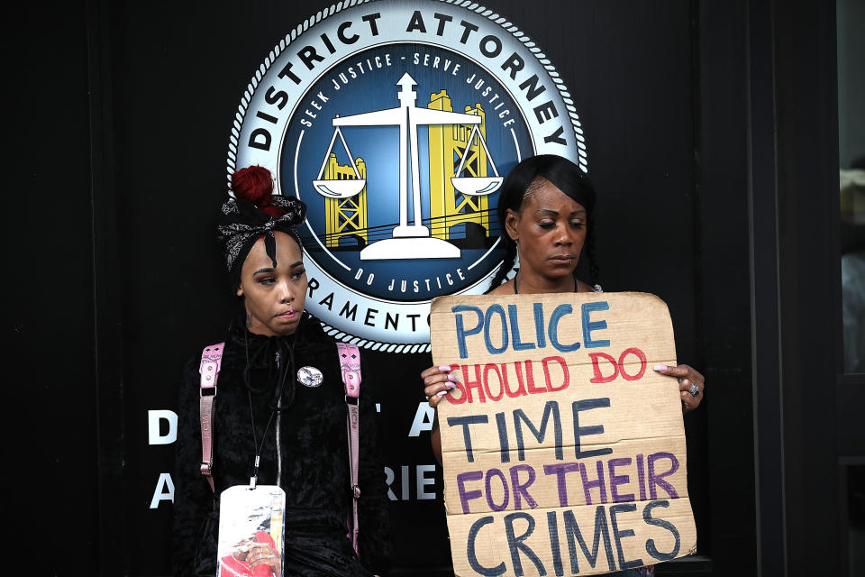 Protesters call for justice for Stephon Clark outside of the Sacramento County district&nbsp;attorney's office.