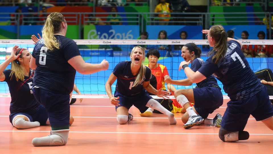 Players of team United States celebrate at the 2016 Rio Paralympics women's gold medal match. - Pilar Olivares/Reuters