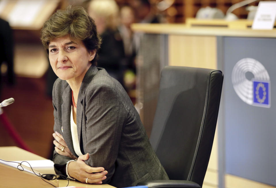 European Commissioner designate for Internal Market Sylvie Goulard answers questions during her hearing at the European Parliament in Brussels, Thursday, Oct 10, 2019. (AP Photo/Olivier Matthys)