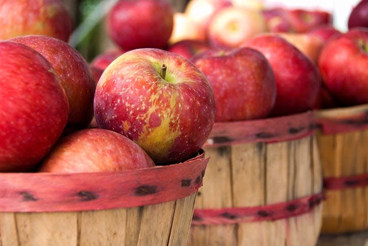 Ripe red apples in bushel baskets.