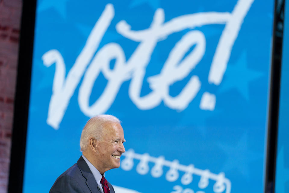 Democratic presidential candidate former Vice President Joe Biden appears on a "Zoom with Oprah Winfrey" virtual show at The Queen theater in Wilmington, Del., Wednesday, Oct. 28, 2020. (AP Photo/Andrew Harnik)