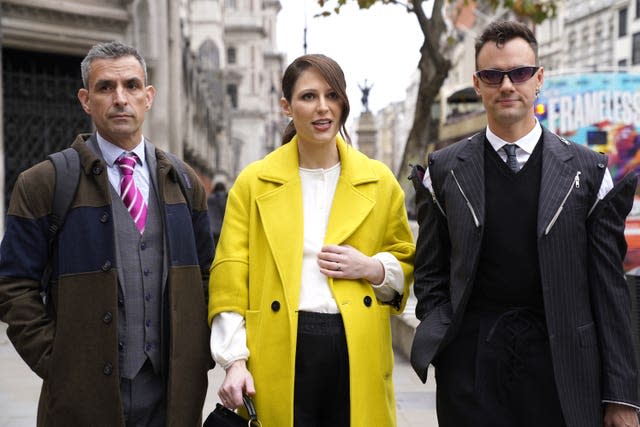 Simon Blake (left), Nicola Thorp and Colin Seymour (right) arriving at the Royal Courts Of Justice