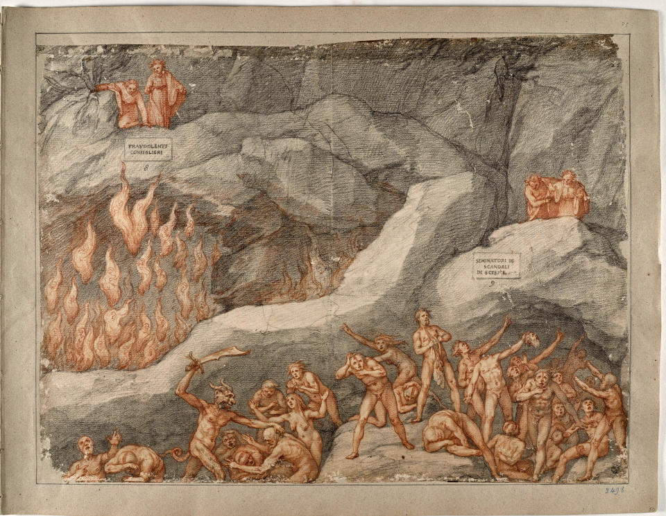 This image made available on Thursday, Dec. 31, 2020, shows Ulisse and Diomede, the fraudulent advisors, one of the original 88 drawings that went with Dante Alighieri’s Divine Comedy by artist Federico Zuccari. Florence’s Uffizi Gallery is making available for viewing online 88 rarely displayed drawings of Dante’s Divine Comedy to mark the 700th anniversary in 2021 of the famed Italian poet’s death. The virtual show of high-resolution images of works by the 16th Century Renaissance artist Federico Zuccari will be accessible from Friday “for free, any hour of the day, for everyone,’’ said Uffizi director Eike Schmidt. (Roberto Palermo/Uffizi Gallery via AP)