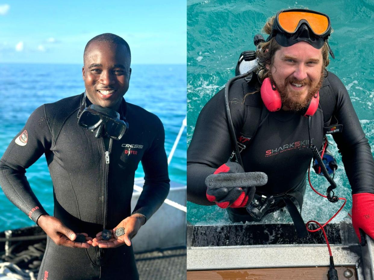 A side-by-side image of two men in wetsuits holding artifacts from a shipwreck on a boat