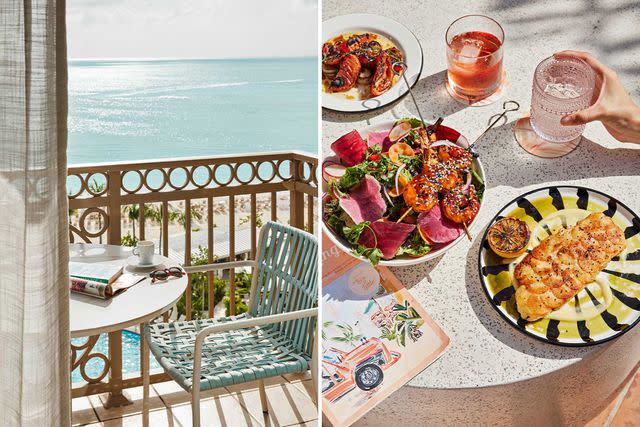 <p>Alpha Smoot</p> From left: A guest room at the Ritz-Carlton, Grand Cayman, which overlooks Seven Mile Beach; grilled vegetables, shrimp skewers, and branzino with potato “scales” at Ms. Piper’s.