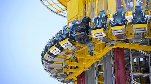 PHOTO: Black plastic wrapping is viewed on one of the seats of the Orlando Free Fall ride at the ICON Park entertainment complex, where Tyre Sampson fell to his death while on the ride in Orlando, Fla., June 15, 2022. (Phelan M. Ebenhack/AP, FILE)