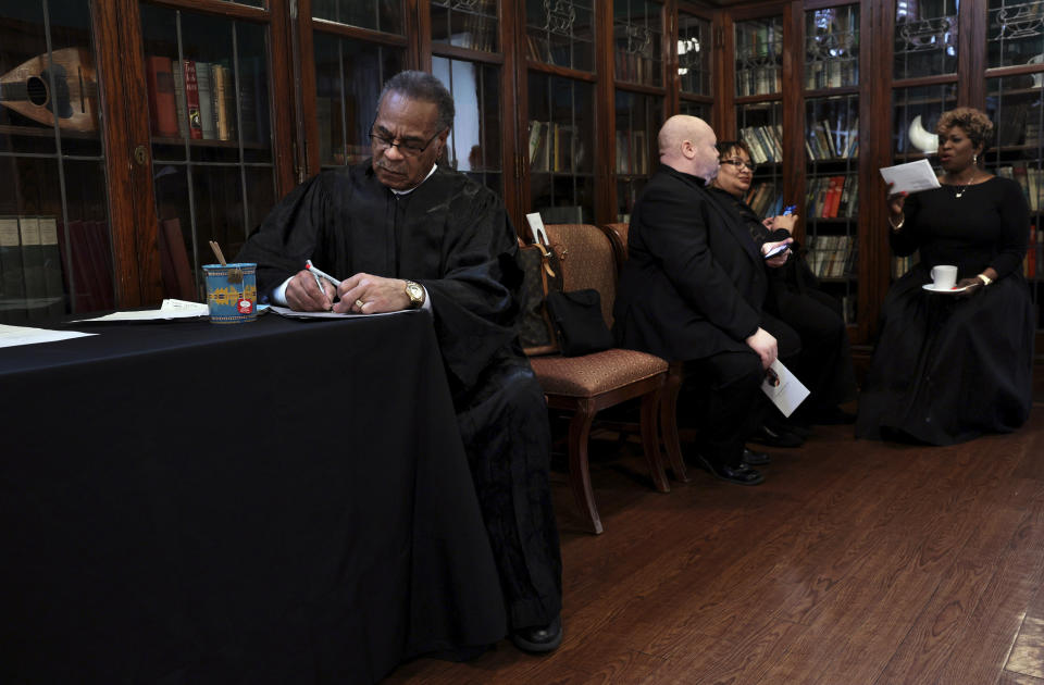 The Rev. Emanuel Cleaver II, of Kansas City, works on his comments before officiating a memorial service for former U.S. Sen. Jean Carnahan, in St. Louis, Saturday, Feb. 10, 2024. Carnahan died in hospice care on Jan. 30, at age 90. (Robert Cohen/St. Louis Post-Dispatch via AP, Pool)