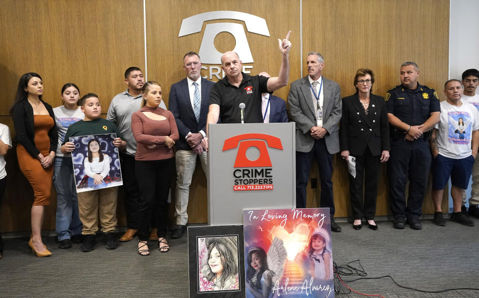 Andy Kahan, Director of Victim Services and Advocacy for Crime Stoppers, addresses Arlene Alvarez's case during a press conference to discuss the indictment of Tony Earls in the death of the 9-year-old in 2022 at Crime Stoppers on Wednesday, April 24, 2024, in Houston. (Karen Warren/Houston Chronicle via AP)