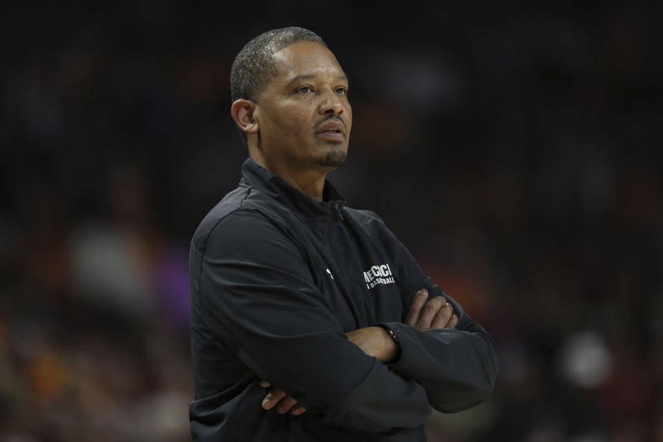 South Carolina coach Lamont Paris watches play during the first half of the team's NCAA college basketball game against Tennessee on Wednesday, March 6, 2024, in Columbia, S.C. (AP Photo/Artie Walker Jr.)