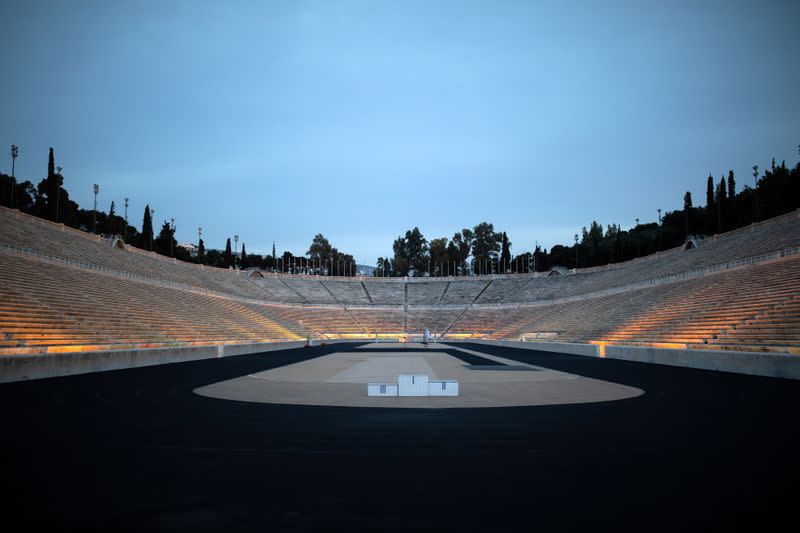 The Panathenaic stadium, where the handover ceremony of the Olympic flame for the Tokyo 2020 Summer Olympics will take place, is closed to visitors as a precaution against the spread of the coronavirus disease (COVID-19), in Athens