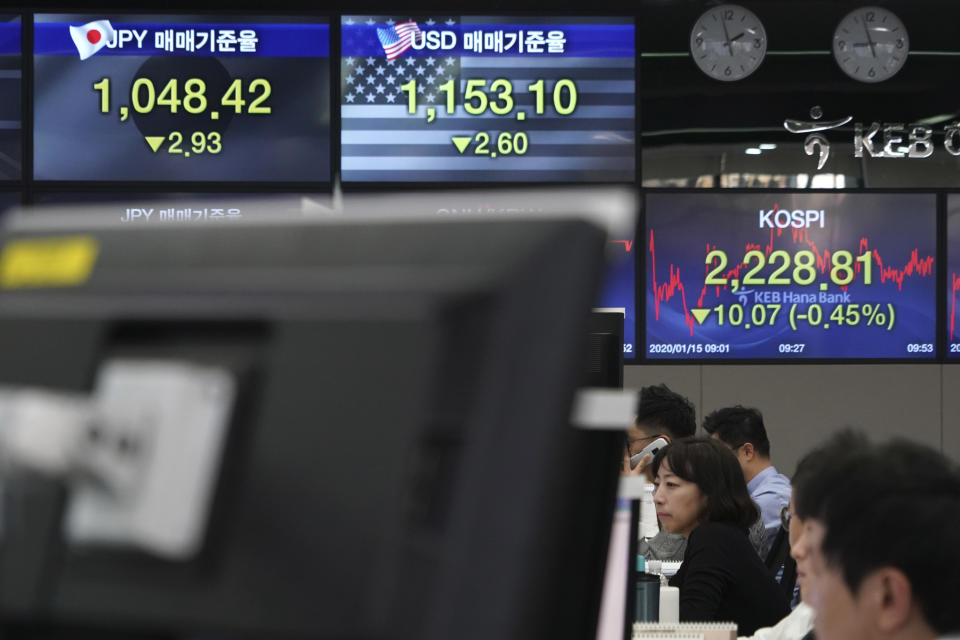 Currency traders watch computer monitors near the screens showing the Korea Composite Stock Price Index (KOSPI), right, and the foreign exchange rates at the foreign exchange dealing room in Seoul, South Korea, Wednesday, Jan. 15, 2020. Asian shares have retreated as conflicting reports raised concerns over the likely outcome of a trade deal to be signed by the U.S. and China. (AP Photo/Lee Jin-man)