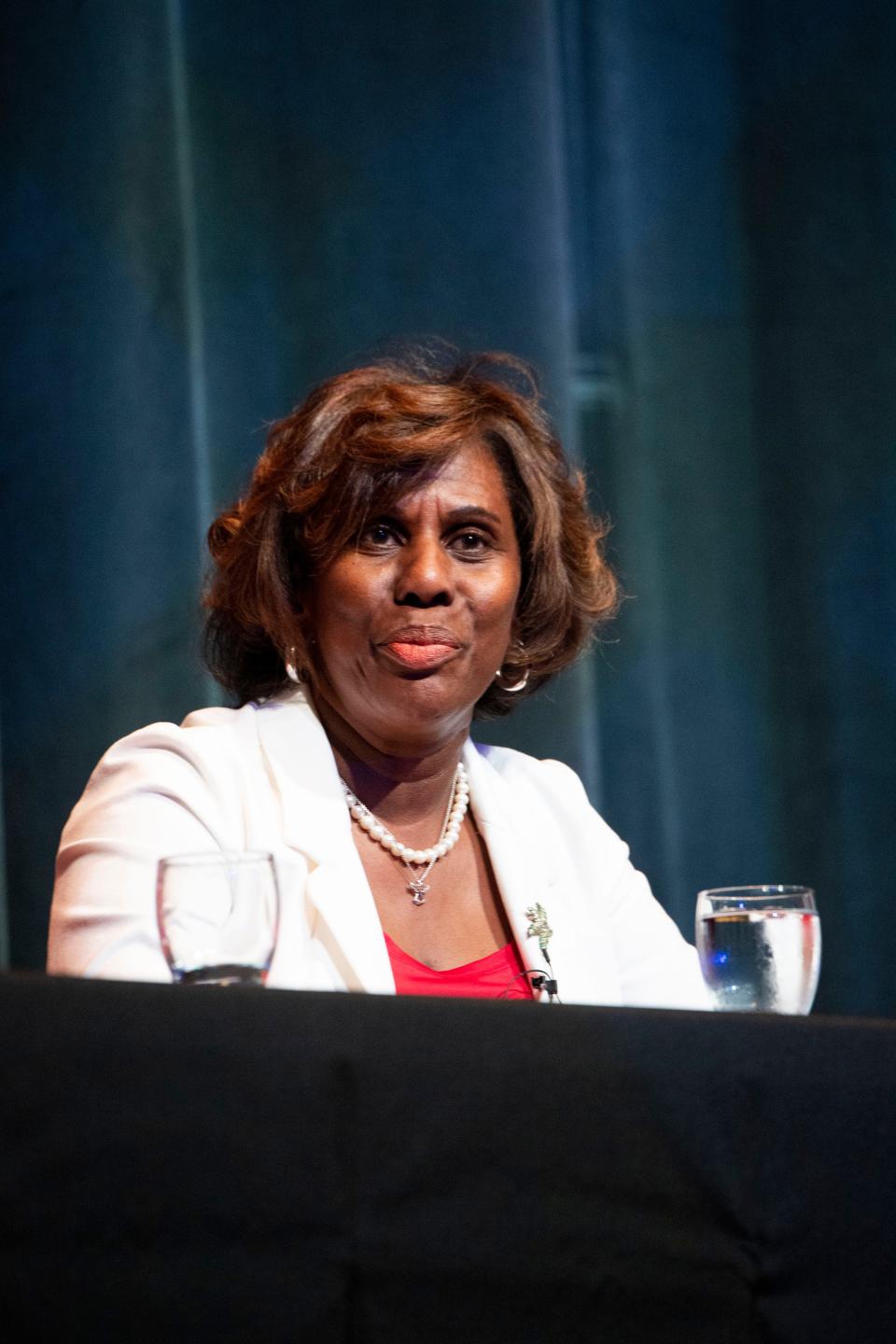 Vivian Wilhoite, Davidson County assessor of property, answers a question during a debate for the Nashville mayoral candidates at Fisher Performing Arts Center in Nashville , Tenn., Thursday, May 18, 2023.